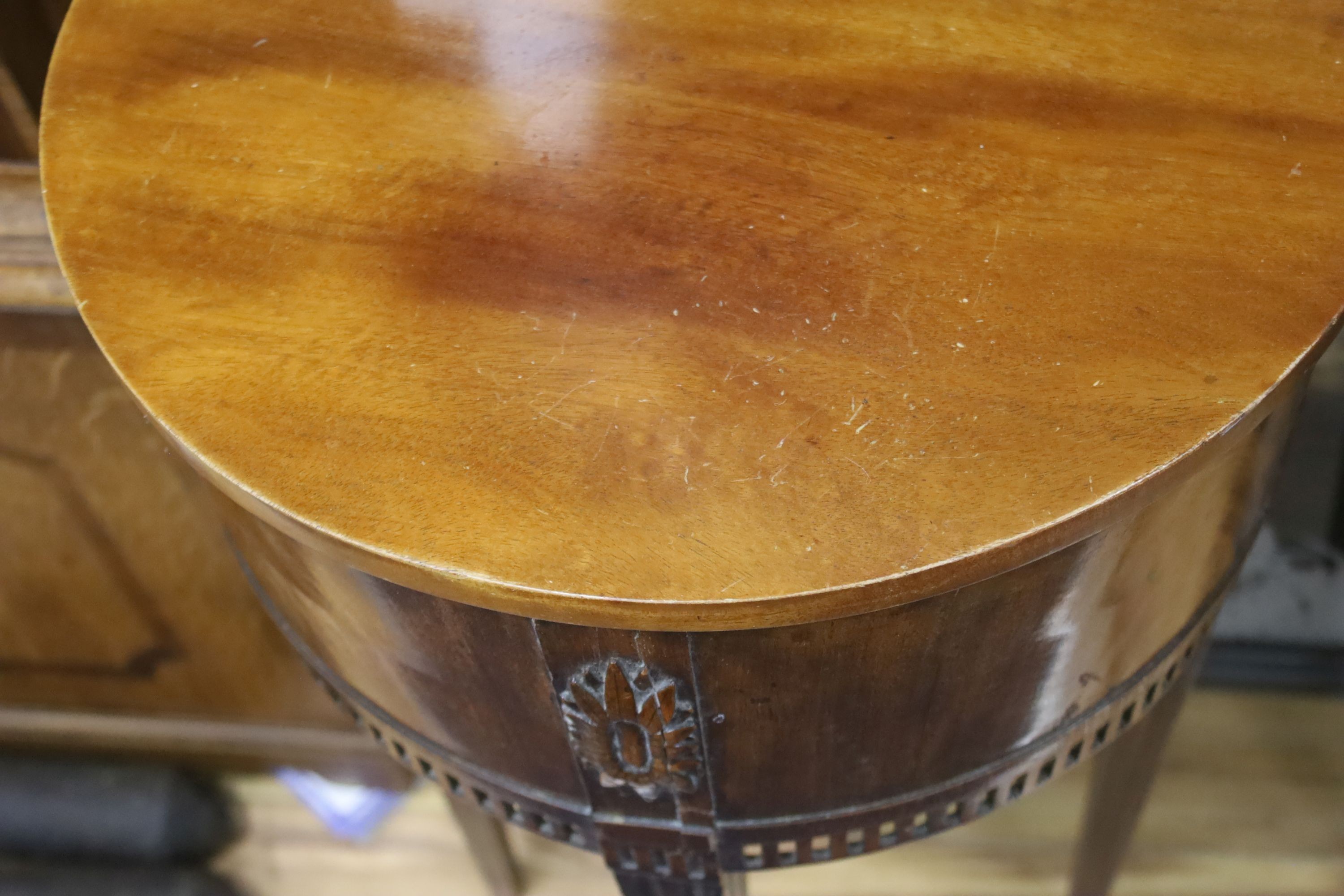 A pair of late 19th century Dutch mahogany demi lune console tables, width 42cm, depth 24cm, height 80cm